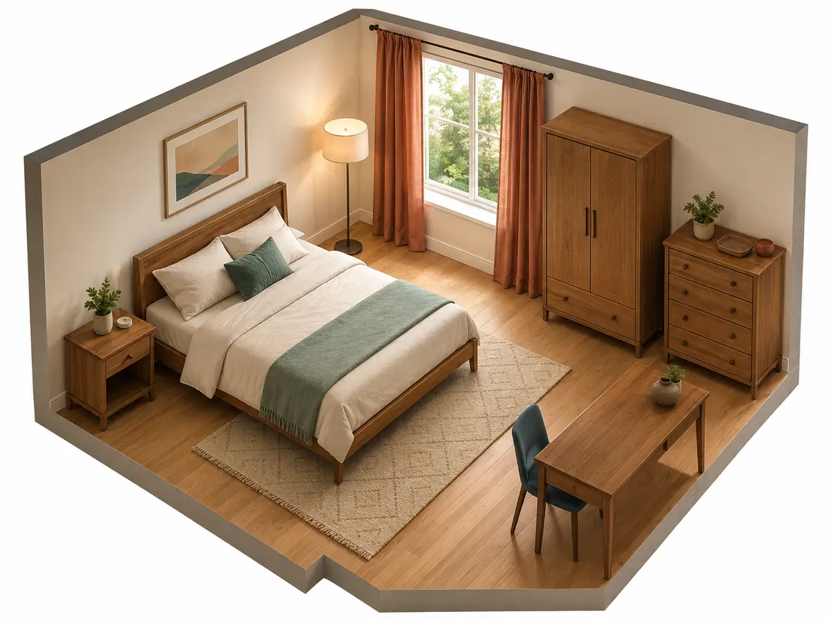 Vue isométrique d’une chambre avec un lit, une table de chevet, une armoire, une commode, un bureau, une lampe et des rideaux.