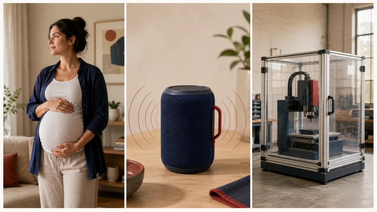 Trois contextes du mot enceinte : une personne enceinte, une enceinte audio et une machine dans une enceinte de protection