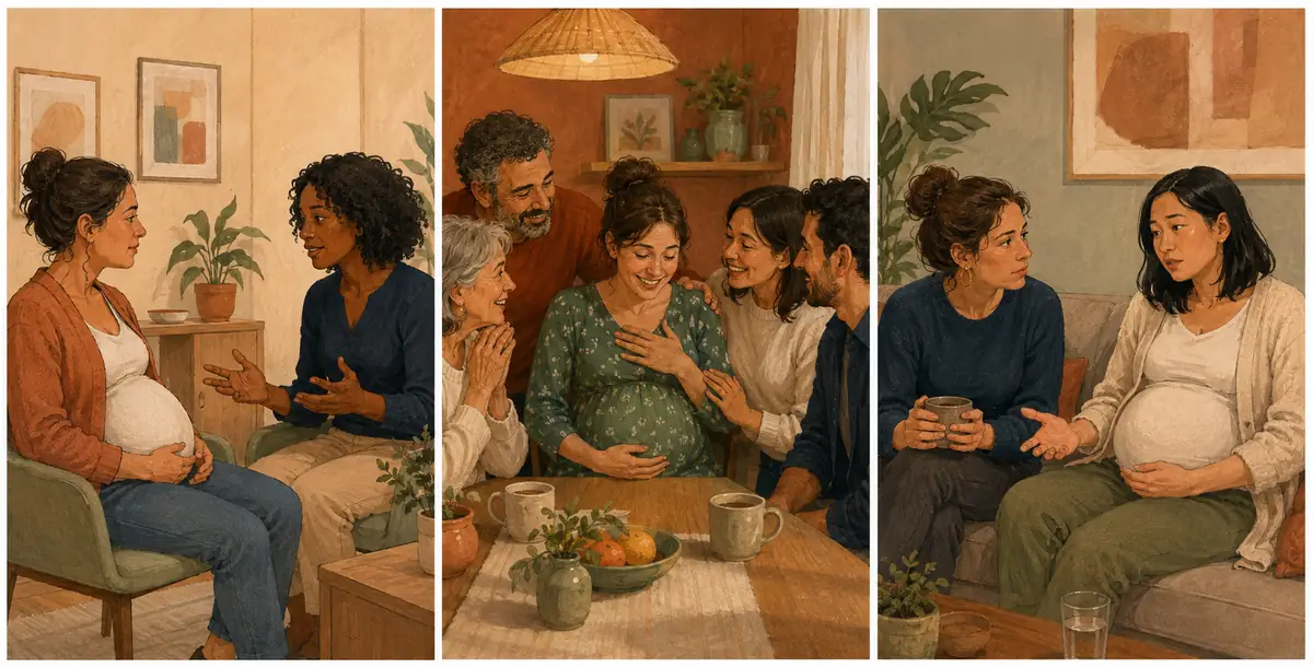 Trois scènes comparent les registres pour parler d'une grossesse : consultation, annonce familiale et conversation entre amis