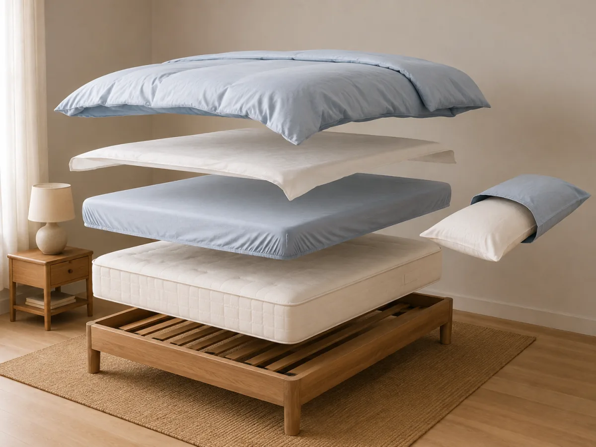 Vue éclatée d’un lit montrant le matelas, le drap-housse, le drap, la couette, l’oreiller et sa taie.