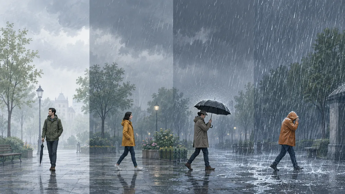 Quatre scènes montrant une bruine, une pluie modérée, une averse et une pluie torrentielle.