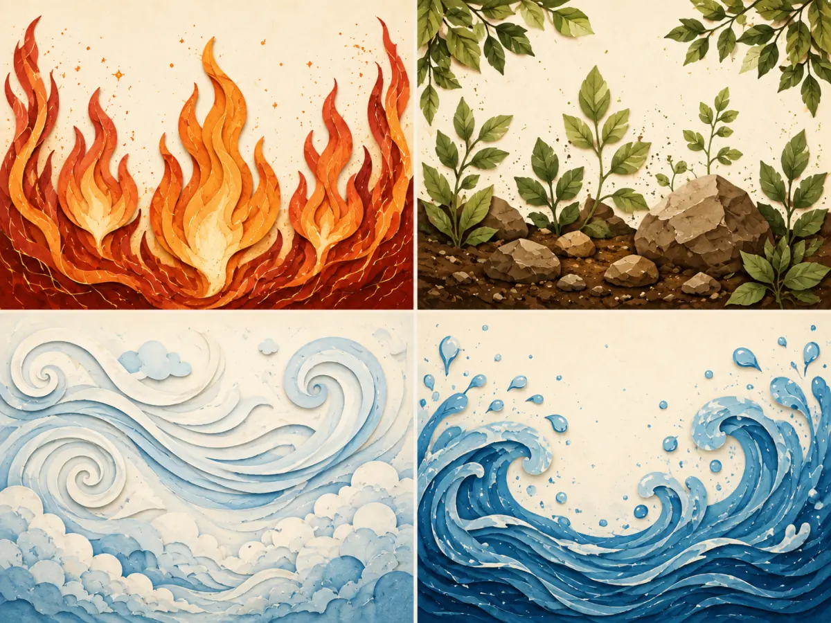 Quatre scènes illustrant le feu, la terre, l'air et l'eau en astrologie occidentale