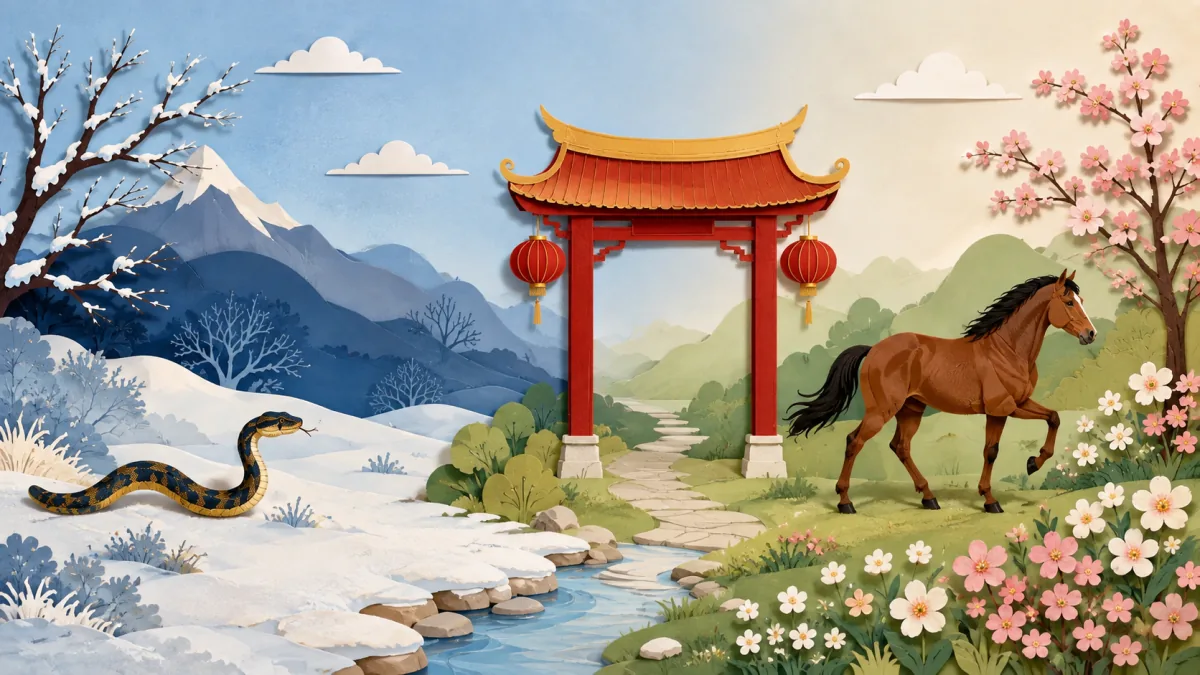 Un serpent dans un paysage d'hiver et un cheval au printemps, séparés par une porte chinoise