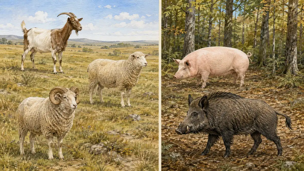 Chèvre, mouton et bélier dans une prairie, comparés à un porc domestique et un sanglier dans un bois