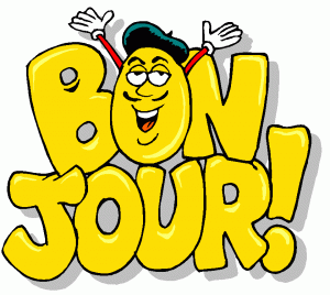 Texte "Bonjour!" avec visage souriant et béret.